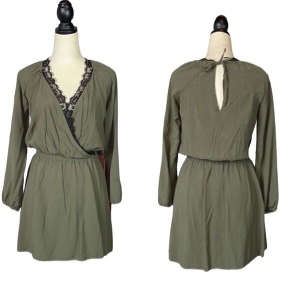 Express Army Green Faux Wrap Top Dress With Elastic Waist & Lace (Size: S) - Picture 1 of 14